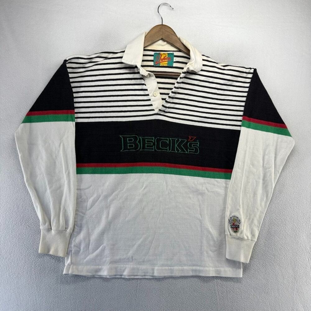 Vintage Dehen Becks Rugby Shirt Men's XL White Beer Embroidered Spellout 90s